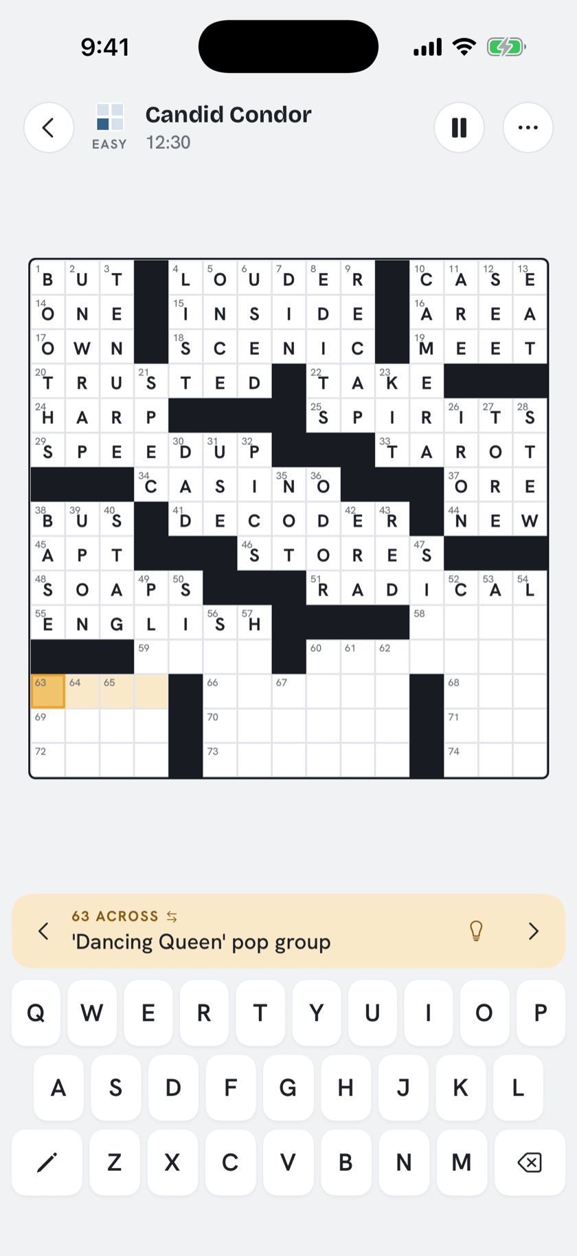 The solver mid-puzzle: a 15x15 grid two-thirds filled, the current clue highlighted, keyboard below
